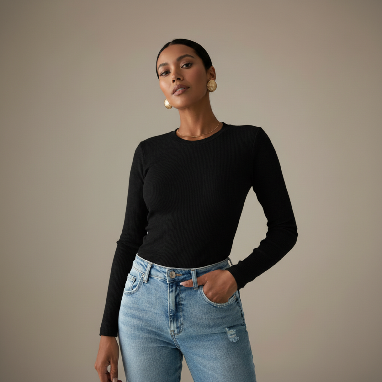 Black BASICS Cotton-Derby Ribbed Form-Fitting Long Sleeve Tee