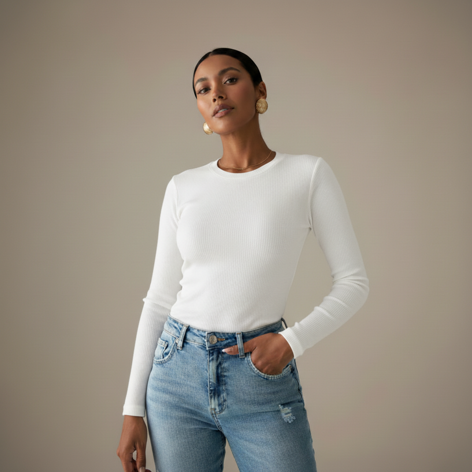 White BASICS Cotton-Derby Ribbed Form-Fitting Long Sleeve Tee