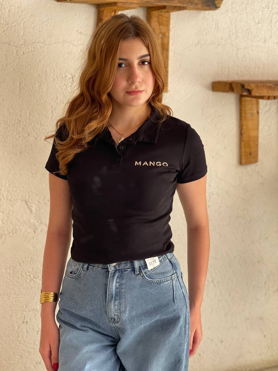 Black Women's Summer Polo Neck T-Shirt with Front Button and Short Sleeves