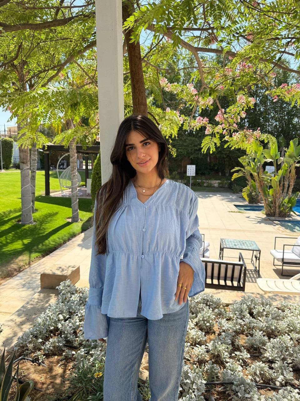 Baby Blue Classic Woman Blouse One Size
