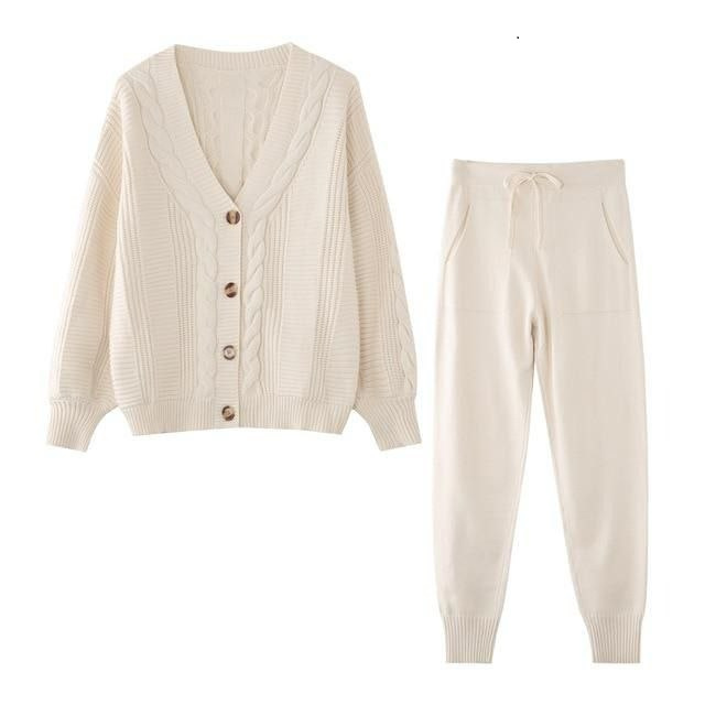 Beige Knitting Suit Hemp Flower Single-Breasted Knitted Cardigan + Pants 2-Piece Set One size