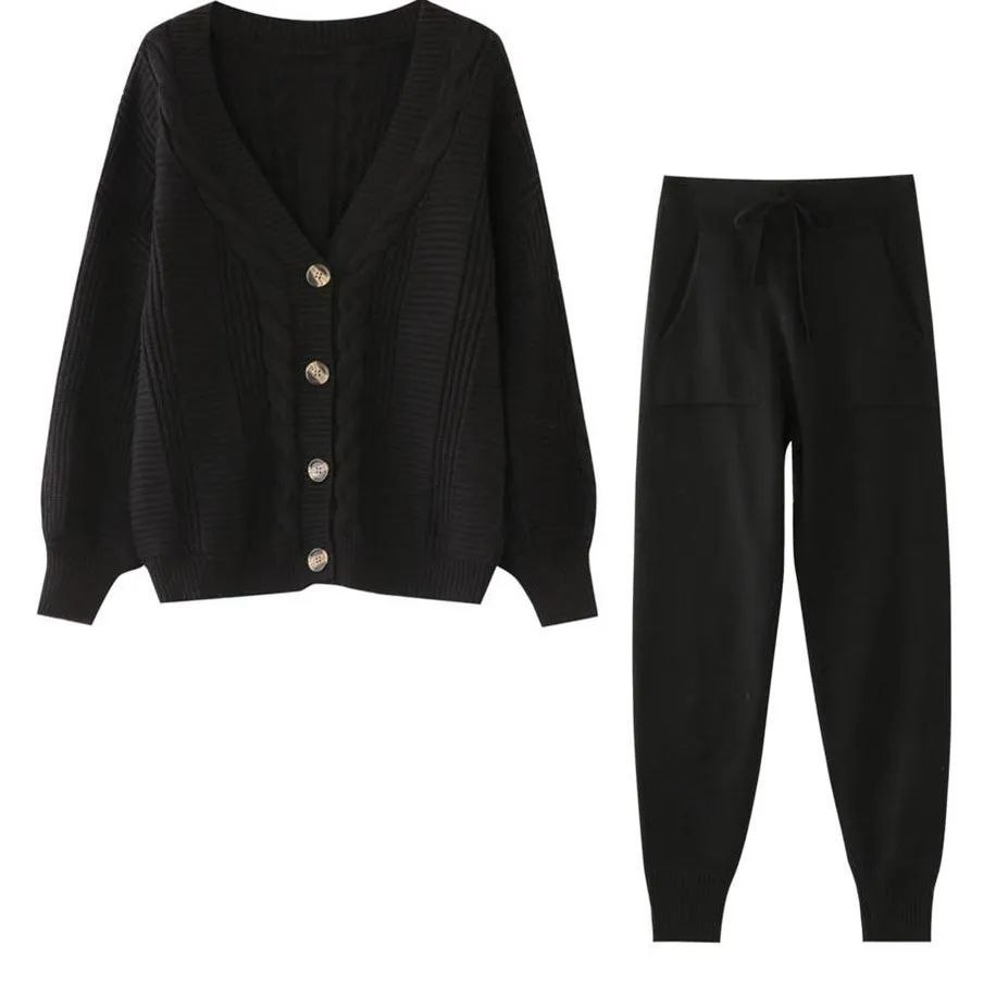 Black Knitting Suit Hemp Flower Single-Breasted Knitted Cardigan + Pants 2-Piece Set One size