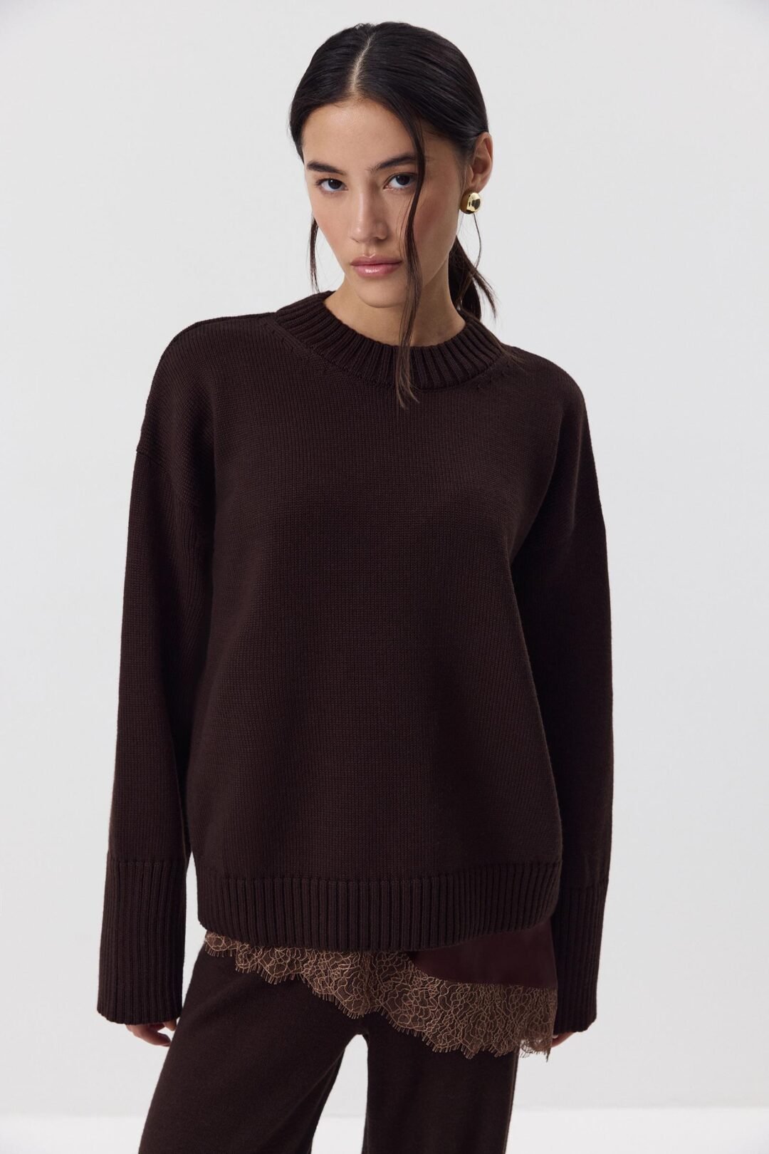 Chiam Brown Wool Crew Neck Jumper One Size (50-75kgs)