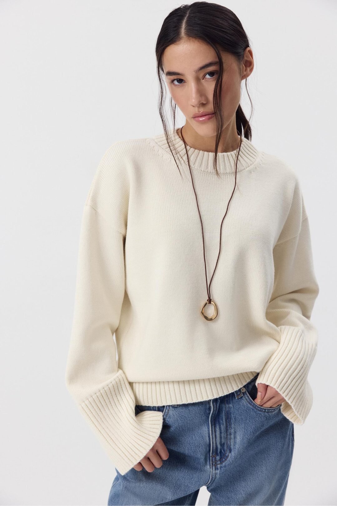 Chiam White Wool Crew Neck Jumper One Size (50-75kgs)